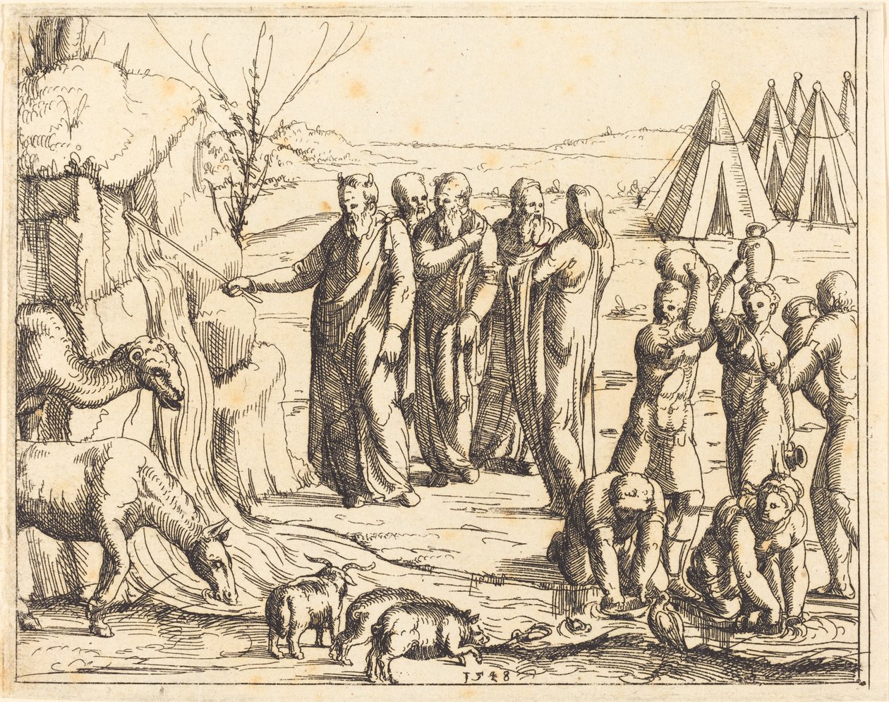 Moisés golpeando la roca de Augustin Hirschvogel