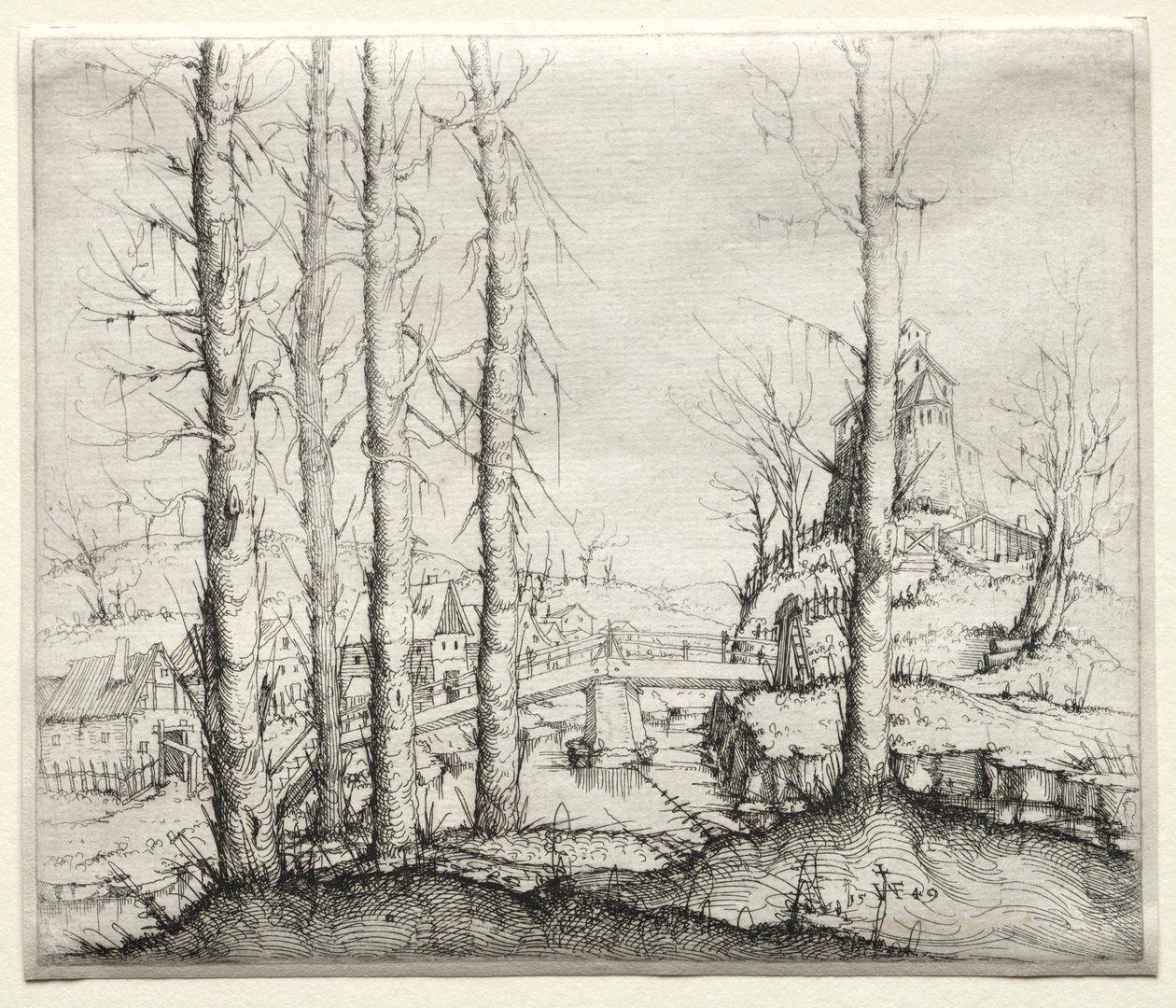 Paisaje fluvial con cinco abetos desnudos en primer plano de Augustin Hirschvogel
