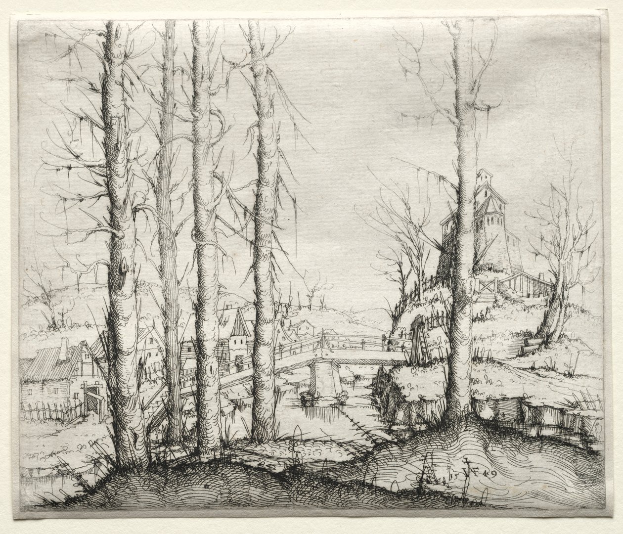 Paisaje fluvial con cinco abetos desnudos en primer plano de Augustin Hirschvogel