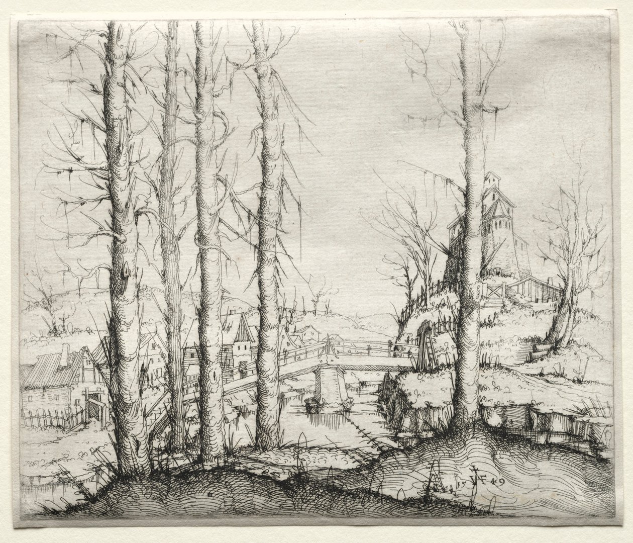 Paisaje fluvial con cinco abetos desnudos en primer plano, 1549 de Augustin Hirschvogel