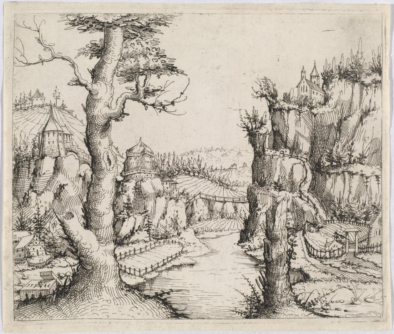 Paisaje fluvial con altos acantilados, 1546 de Augustin Hirschvogel