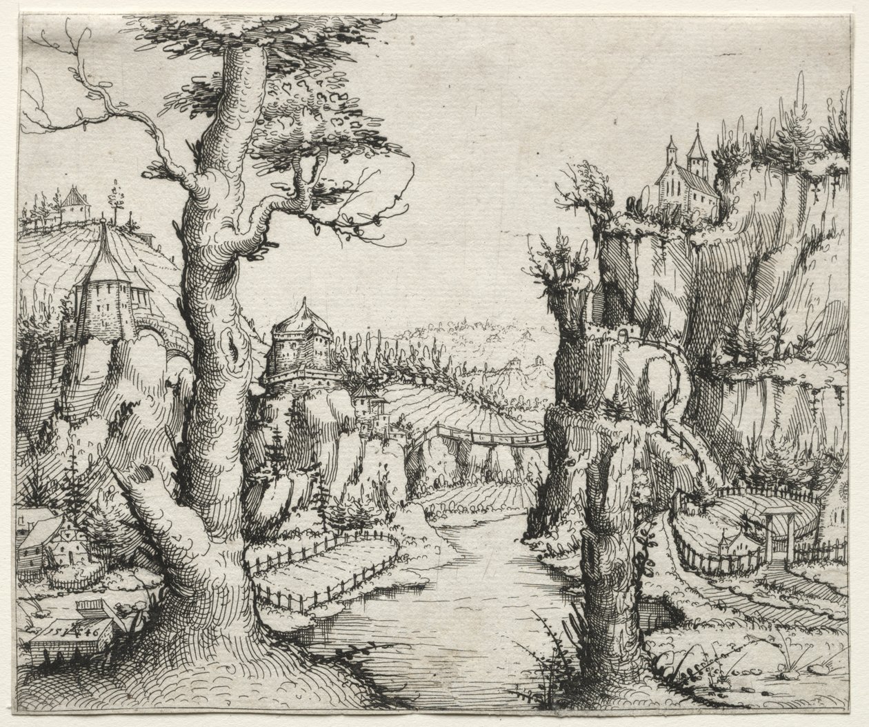 Paisaje fluvial con rocas a la izquierda y derecha de Augustin Hirschvogel