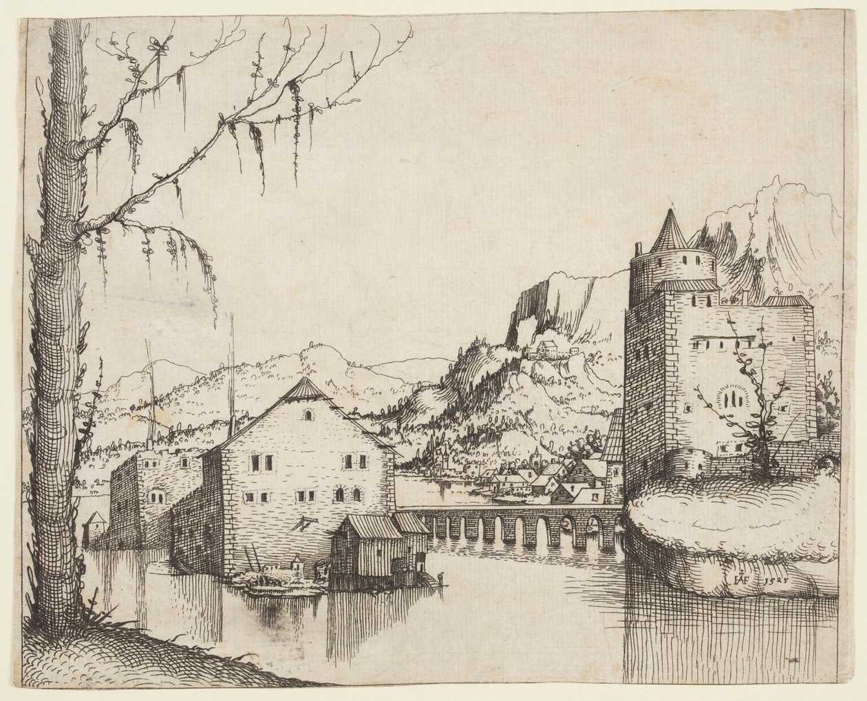 Paisaje Fluvial con Dos Edificios Conectados por un Puente de Augustin Hirschvogel