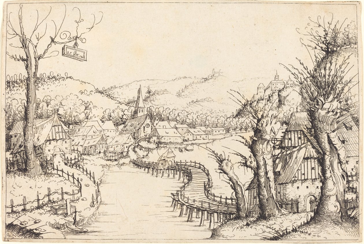 Paisaje fluvial con puente de madera, 1546 de Augustin Hirschvogel