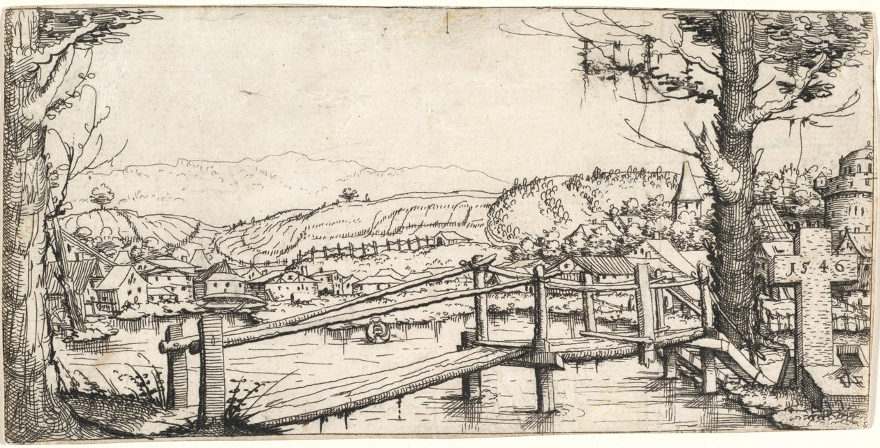 Paisaje fluvial con un puente peatonal de Augustin Hirschvogel
