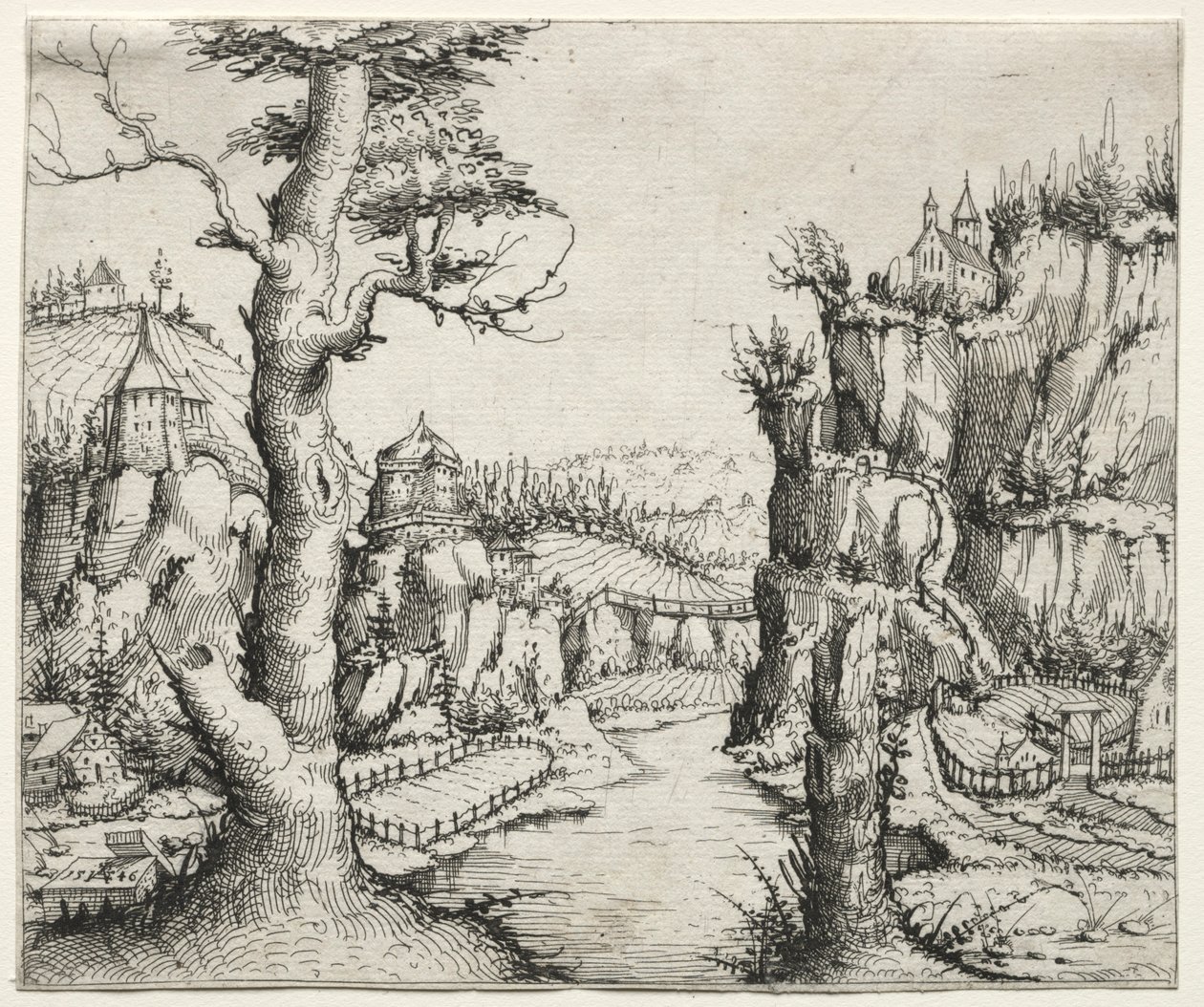 Paisaje fluvial con rocas a la izquierda y a la derecha, 1546 de Augustin Hirschvogel