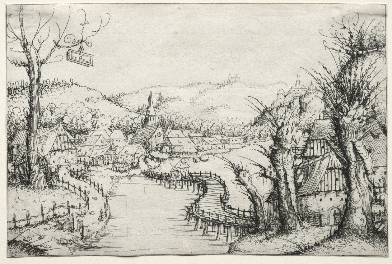 Paisaje fluvial con tres sauces desnudos a la derecha y un largo puente de madera sinuoso en el centro que conduce a un pueblo de Augustin Hirschvogel