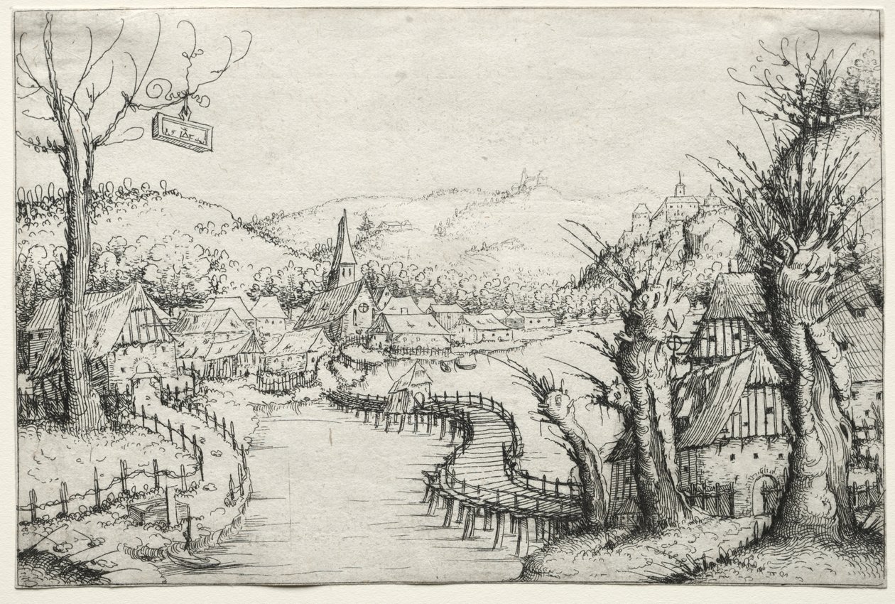Paisaje fluvial con tres sauces desnudos a la derecha y un largo y sinuoso puente de madera en el centro que conduce a un pueblo. de Augustin Hirschvogel