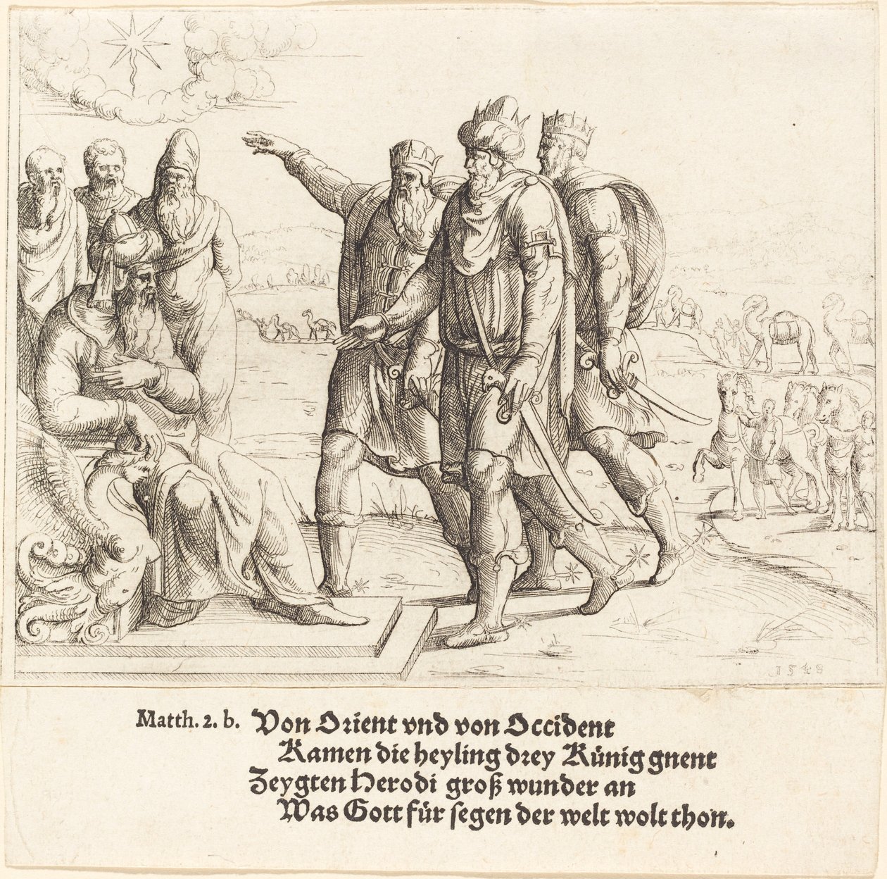 Los tres reyes cuentan a Herodes sobre el nacimiento de Cristo de Augustin Hirschvogel