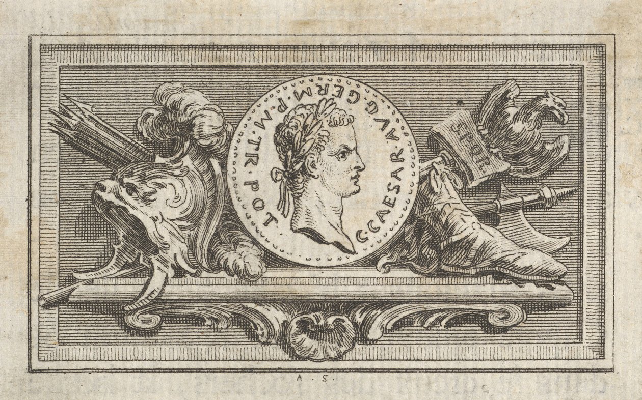 Medalla con retrato de Calígula en el 6º libro, de Tibère ou les six premi..., publicado en 1768 de Augustin de Saint Aubin