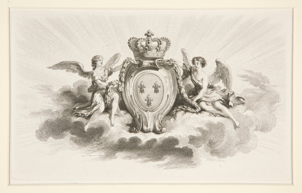 Escudo real con flores de lis flanqueado por ángeles, reproducción del siglo XIX. de Augustin de Saint Aubin