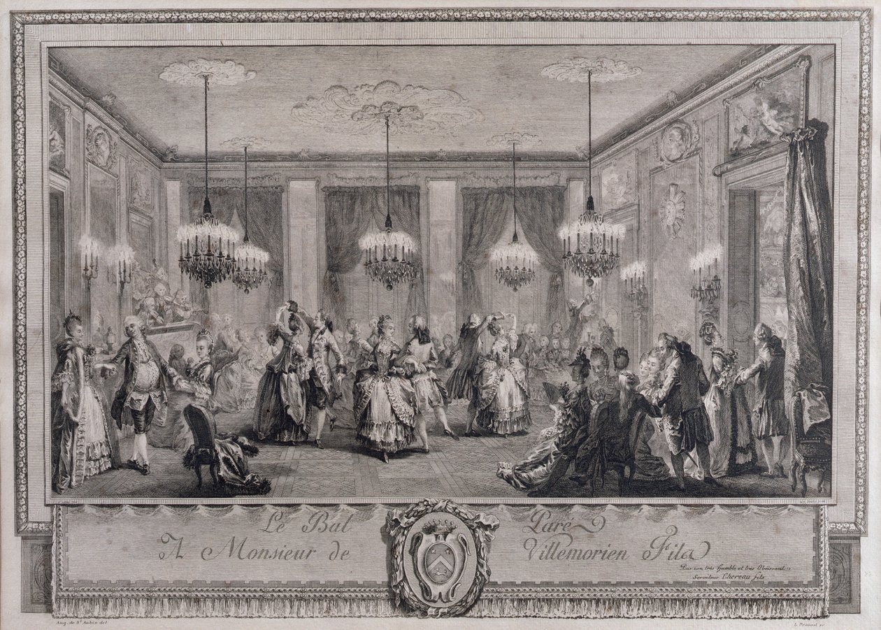 El baile de gala en la casa de Monsieur de Villemorien Fila, grabado por L. Provost de Augustin de Saint Aubin