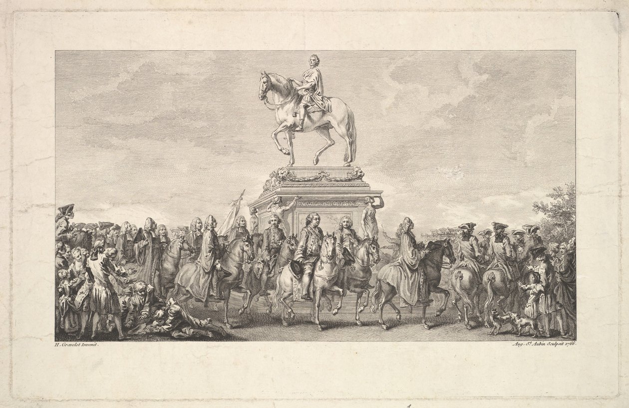 La inauguración de la estatua de Luis XV, viñeta en la página 1, de Description des Trava..., 1766 de Augustin de Saint Aubin