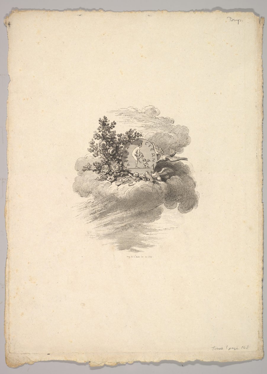 Viñeta con moneda en una nube con rosas a la izquierda y palomas abajo y a la derecha, 1778-80 de Augustin de Saint Aubin
