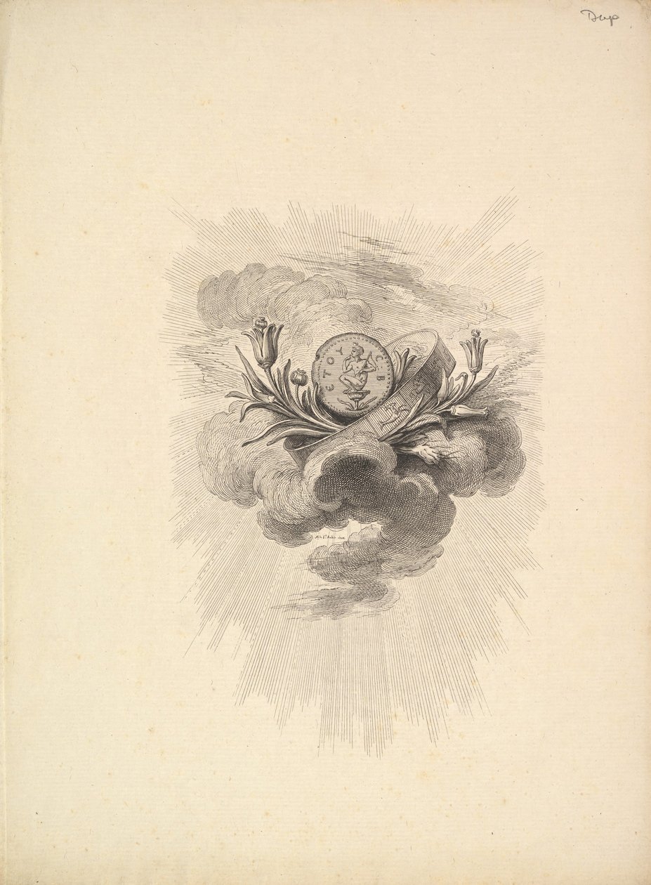 Viñeta con una medalla que representa a Harpócrates y flores de loto, Volumen I, Página 12, de D... de Augustin de Saint Aubin