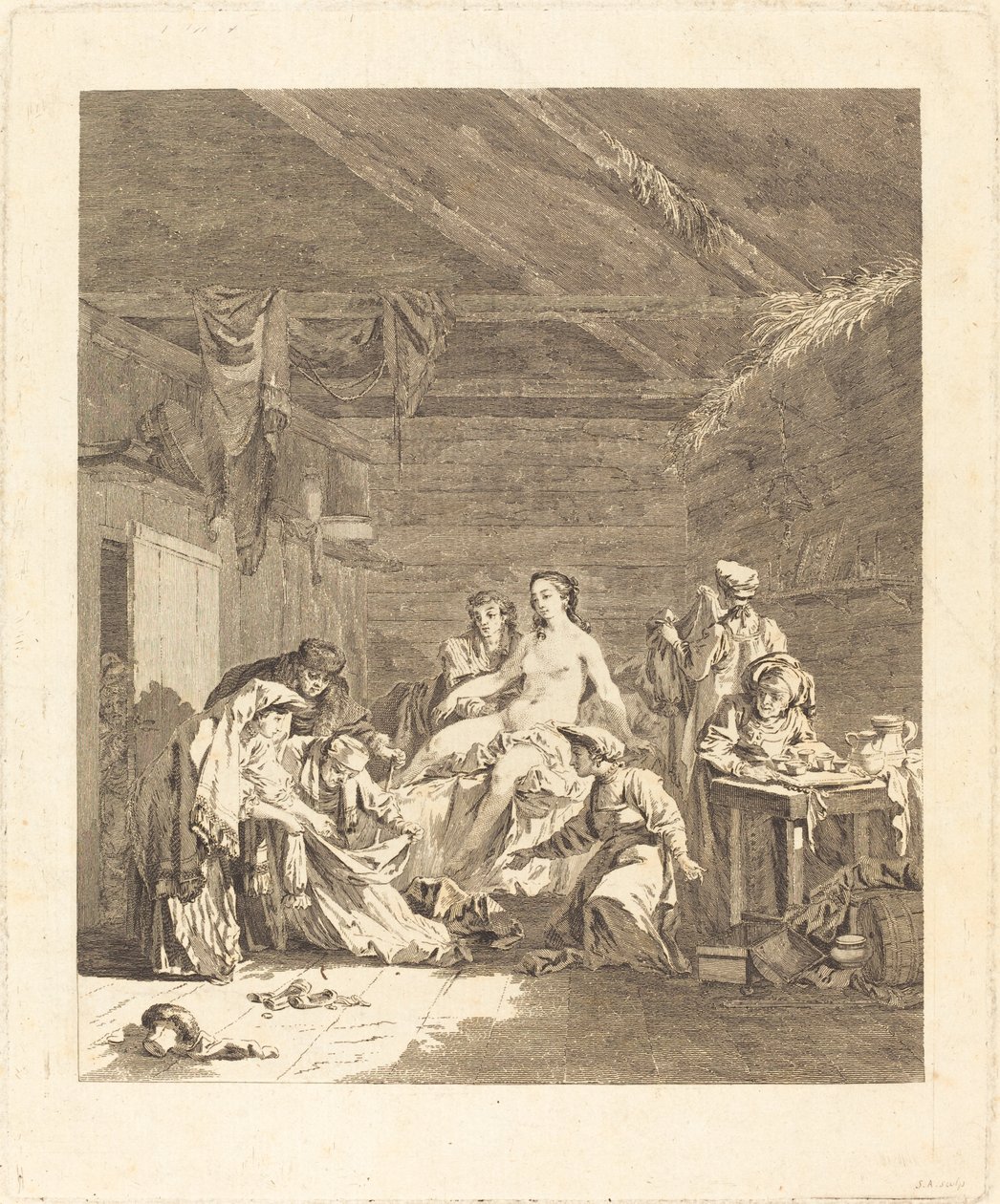 El despertar de la novia rusa (Costumbre de los rusos después de la ceremonia de matrimonio y antes del banquete de bodas) de Augustin de Saint Aubin after Jean Baptiste Le Prince