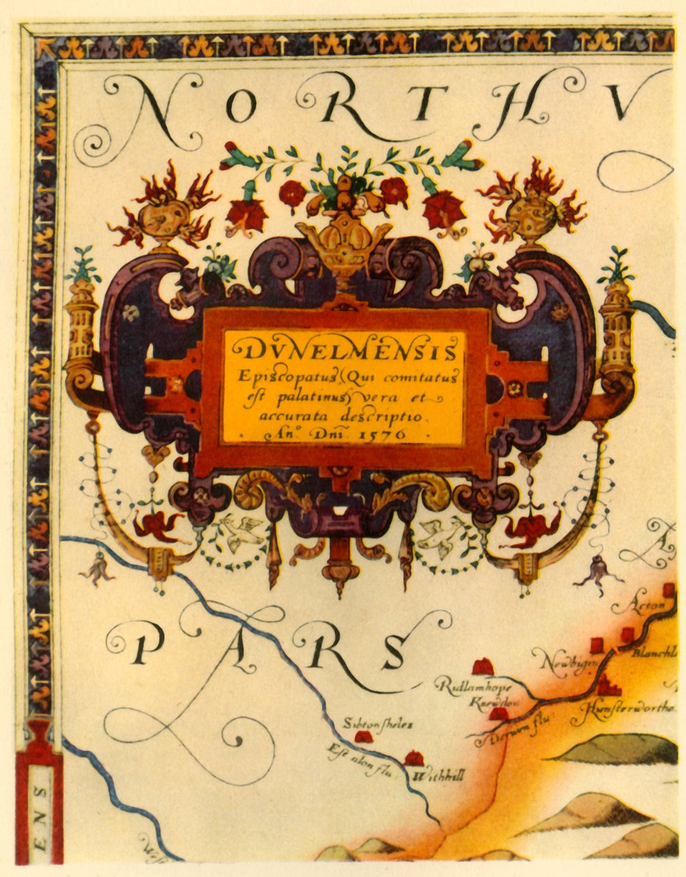 Cartucho por A. Ryther en el mapa de Saxton de Durham de Augustine Ryther
