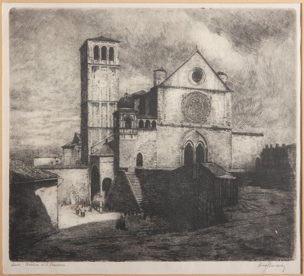 Asís, Basílica de San Francisco (grabado sobre papel) de Augusto Baracchi