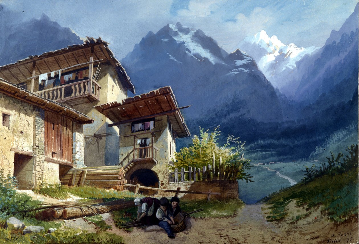 Diseño de escenografía para la ópera, "Linda di Chamounix" de Gaetano Donizetti, Turín, 1875 de Augusto Ferri