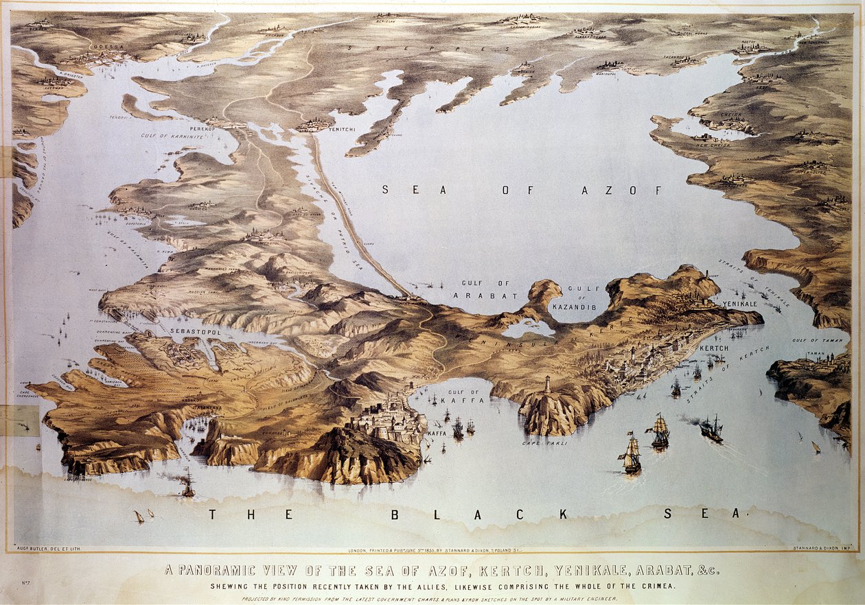 Vista panorámica del Mar de Azov mostrando la posición aliada, de cartas y planes del gobierno y de bocetos hechos por un ingeniero militar, pub. por Stannard y Dixon, 1855 de Augustus Butler