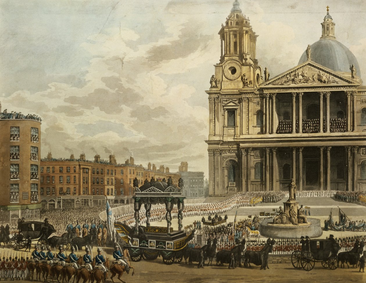 Procesión Fúnebre del difunto Vizconde Nelson, desde el Almirantazgo hasta San Pablo, 9 de enero de 1806, grabado por Merigot, pub. 1806 de Augustus Charles Pugin