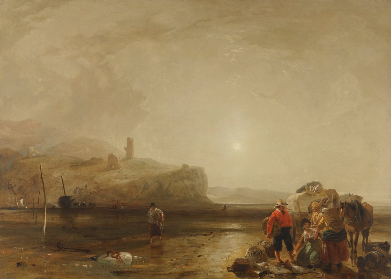 Escena costera con figuras negociando por pescado de Augustus Wall Callcott