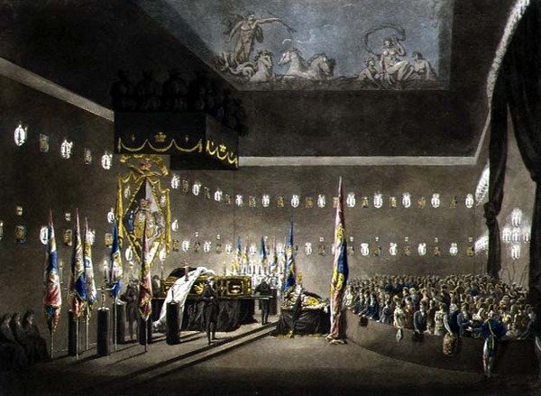 Restos de Lord Viscount Nelson en Estado en la Cámara Pintada en el Hospital de Greenwich, grabado por J. Merigot, pub. 1806 de Augustus Charles (after) Pugin