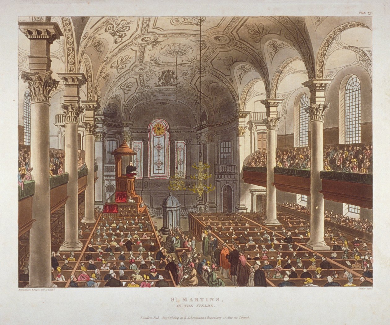 Interior de la Iglesia de St Martin-in-the-Fields, Westminster, Londres, 1809 de Augustus Charles Pugin, Thomas Rowlandson