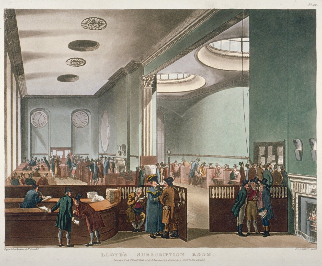 Vista interior de la sala de suscripción de Lloyds en el Royal Exchange, Ciudad de Londres, 1809 de Augustus Charles Pugin, Thomas Rowlandson