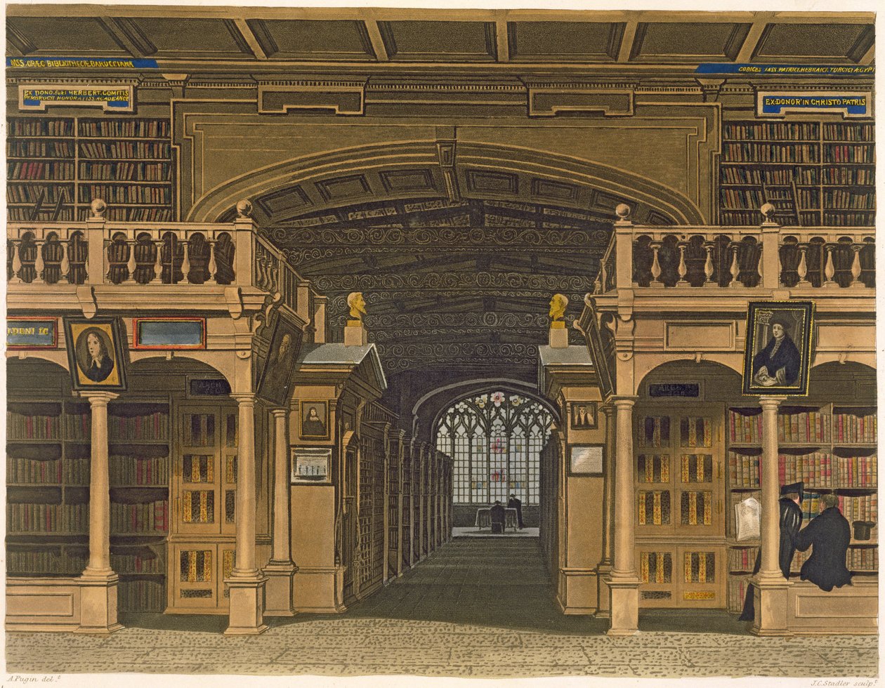 Interior de la Biblioteca Bodleiana, ilustración de la 