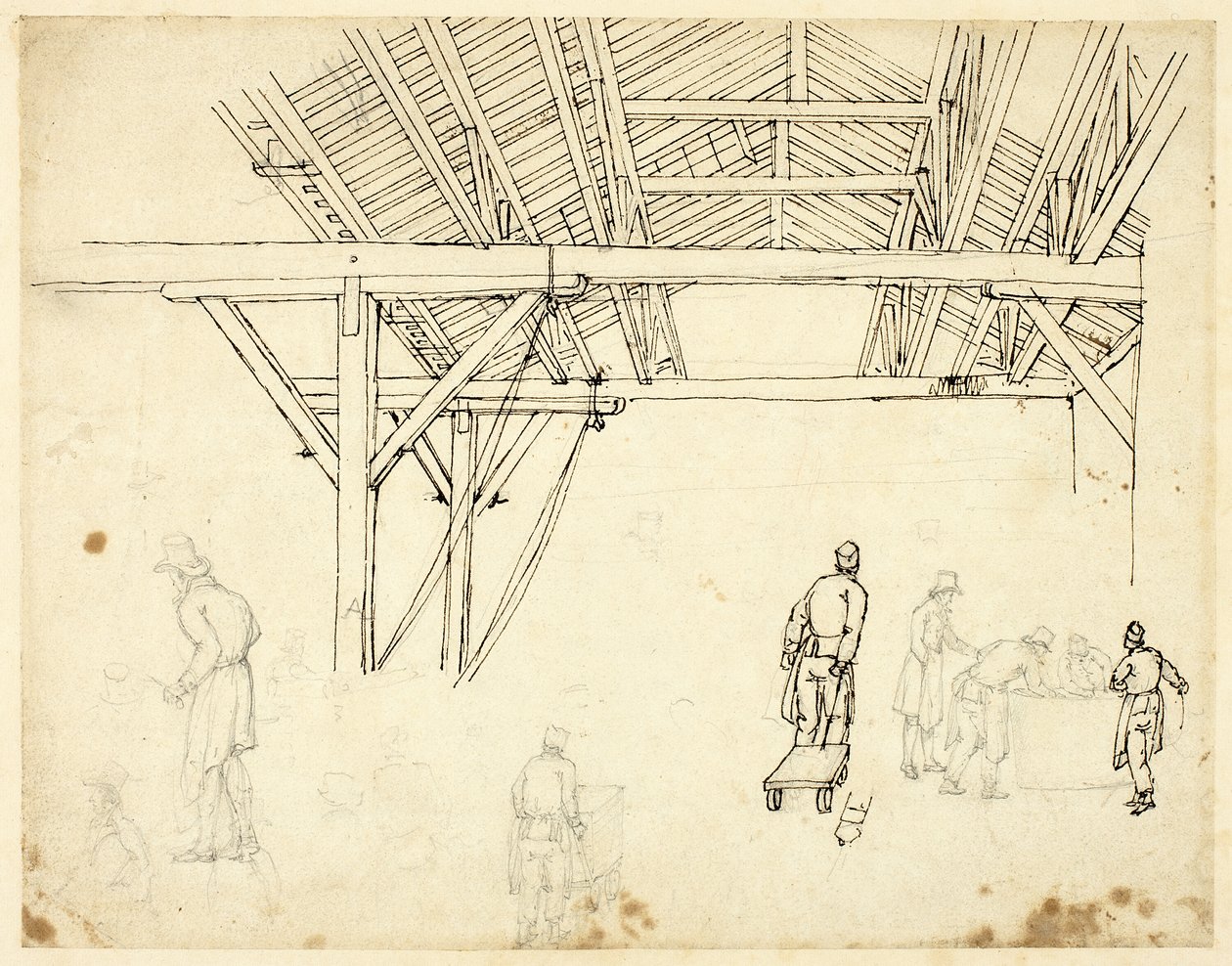 Estudio rechazado, posiblemente para una ilustración de la Aduana, de Microcosmos de Londres (recto); Bocetos de Trabajadores con Barriles (verso) de Augustus Charles Pugin