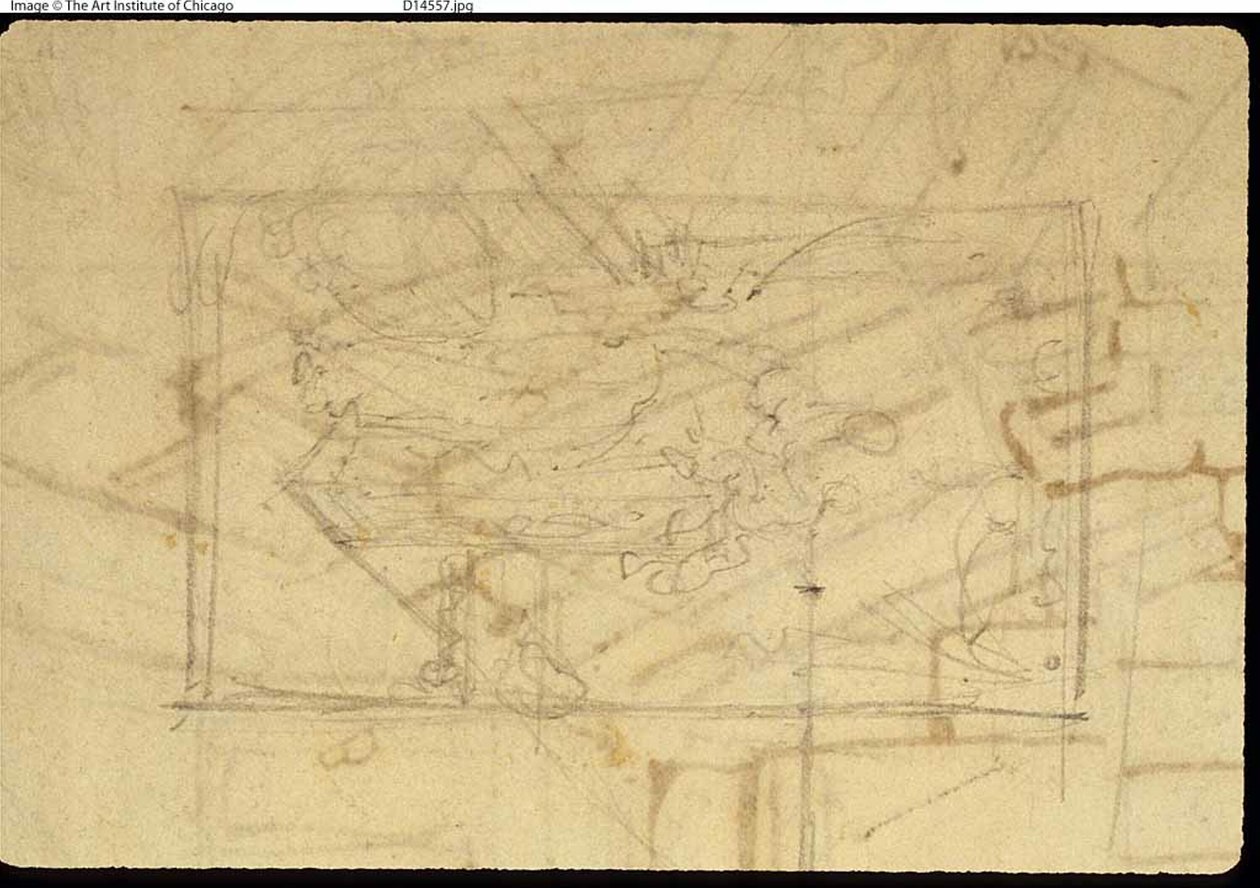 Estudio para Sala de Exposiciones, Somerset House, de Microcosm of London (recto); Boceto de una Pintura: Madonna y Niño (verso) de Augustus Charles Pugin