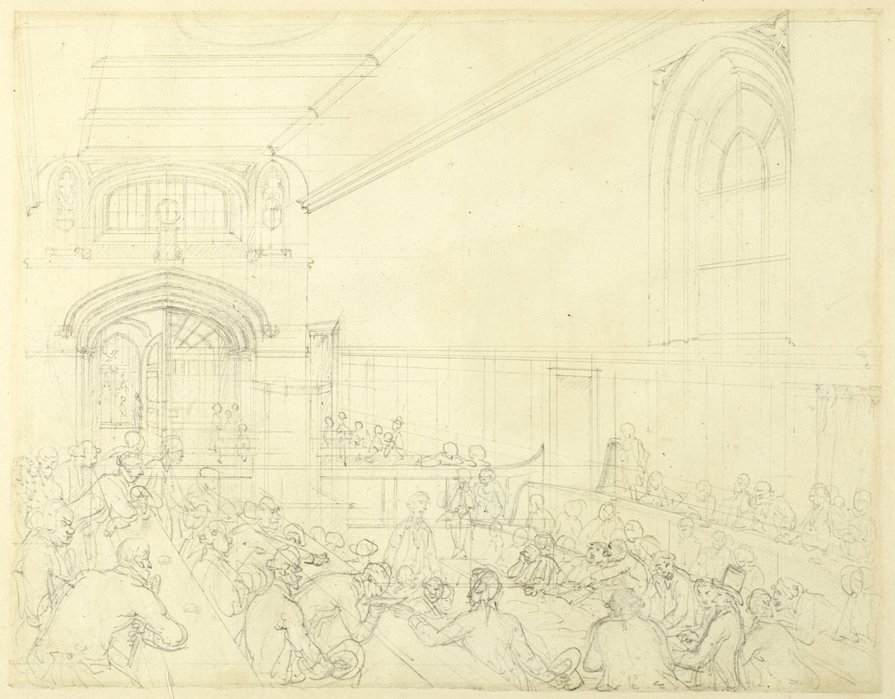 Estudio para Guild Hall, Examen de un quebrado ante sus acreedores, de Microcosmos de Londres de Augustus Charles Pugin