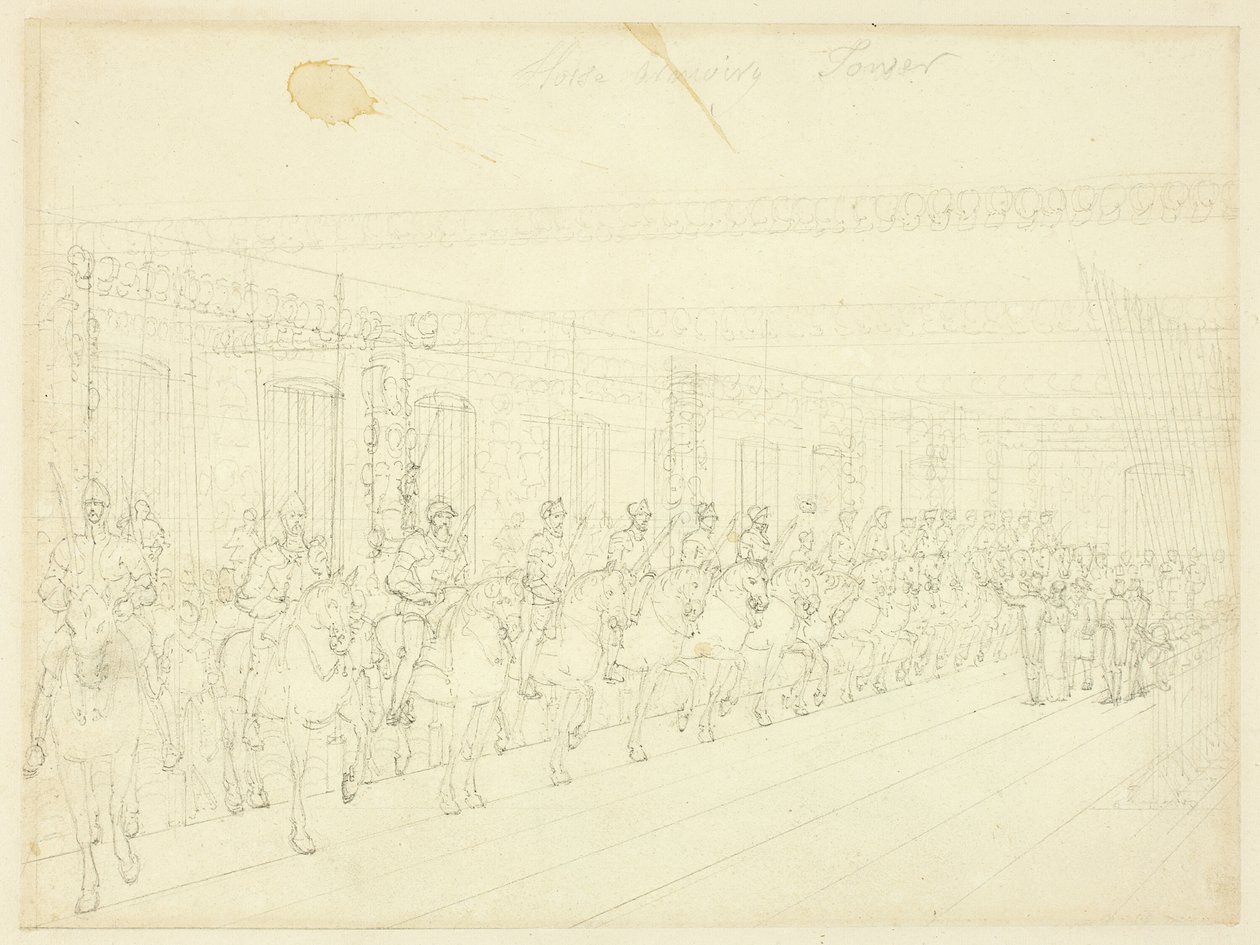 Estudio para la Torre de la Armería de Caballos, de Microcosm of London de Augustus Charles Pugin