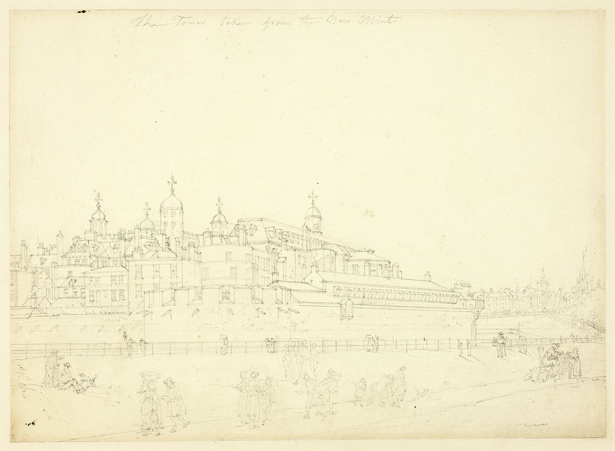 Estudio para La Torre tomada desde la Nueva Casa de la Moneda, de Microcosmos de Londres de Augustus Charles Pugin