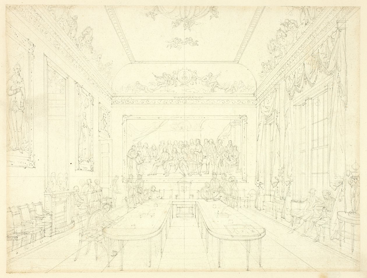 Estudio para Trinity House, de Microcosm of London (recto); Boceto arquitectónico de fachadas de casas en hilera (verso) de Augustus Charles Pugin