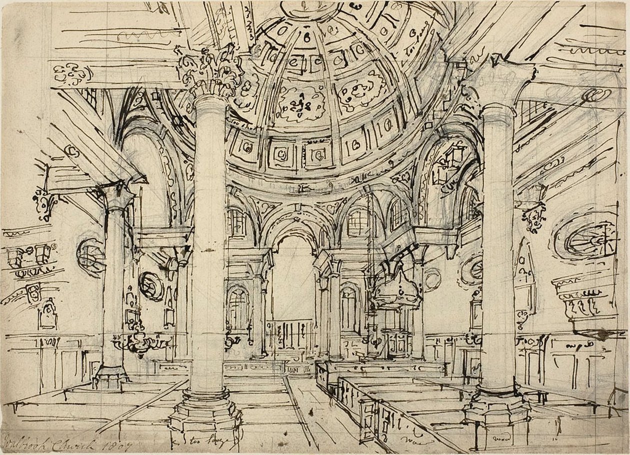 Estudio para la Iglesia de Walbrook (recto); Bocetos de veleros, hombres y botes (verso) de Augustus Charles Pugin