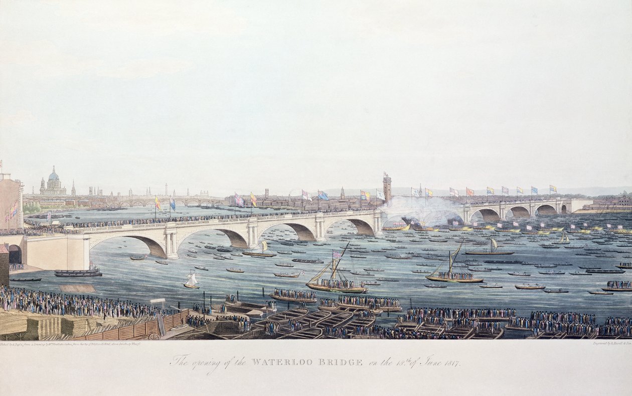 La inauguración del Puente de Waterloo el 18 de junio de 1817, grabado por A. Pugin a partir de un dibujo de W. Findlater, grabado por R. Havell y Son, 1818 (grabado en color) de Augustus Charles Pugin