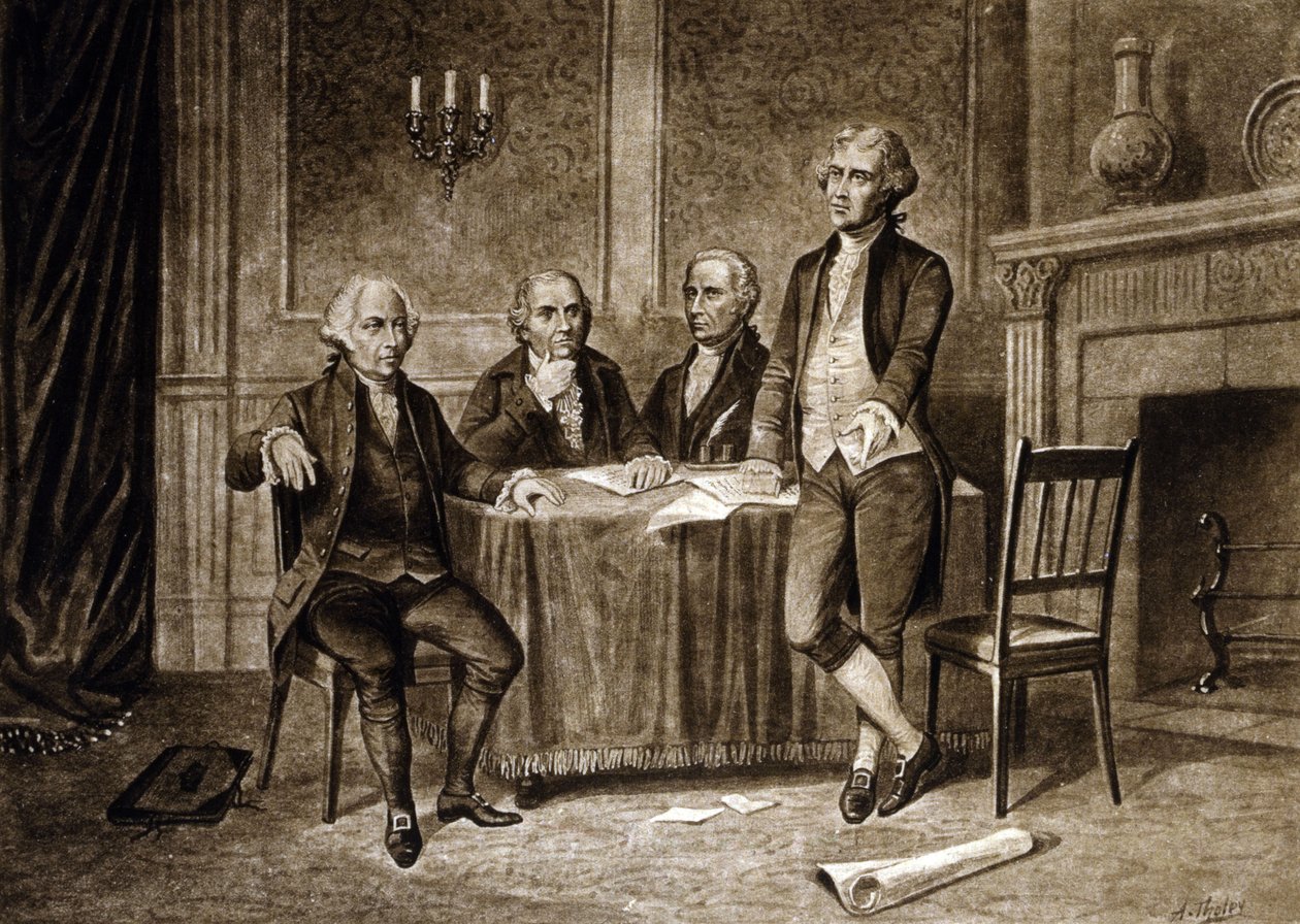 Líderes del Congreso Continental de 1775: John Adams, Robert Morris, Alexander Hamilton, Thomas Jefferson, dibujo de Augustus Tholey (1894) de Augustus Tholey