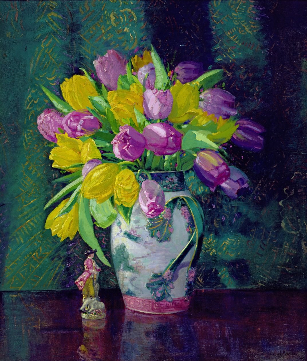 Tulipanes amarillos y malvas en un jarrón de Augustus William Enness