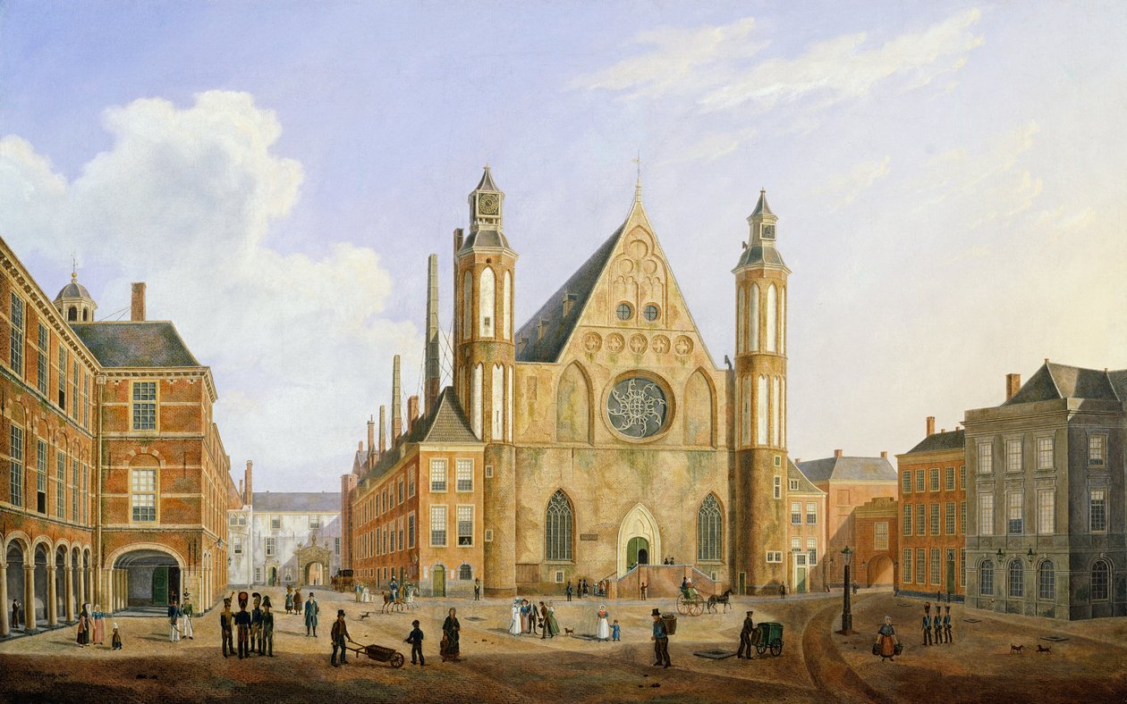 El Binnenhof en La Haya con vista al Ridderzaal con soldados y otras figuras en el patio de Augustus Wynantz
