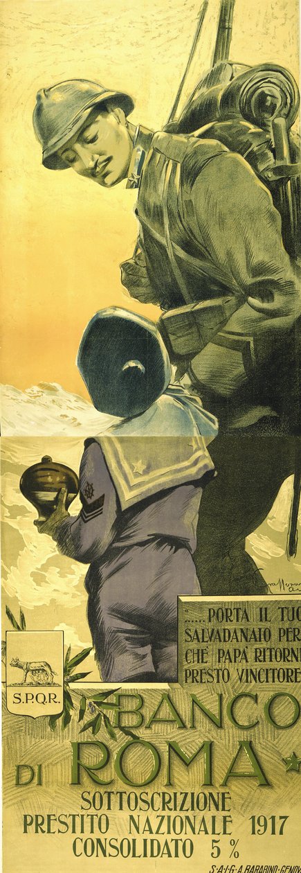 Primera Guerra Mundial: Cartel del Banco di Romano para el Préstamo de Guerra. Soldado italiano diciéndole a su hijo que vacíe su hucha y papá volverá pronto a casa victorioso. Aurelio Craffonara (1875-1945) Artista italiano. de Aurelio Craffonara