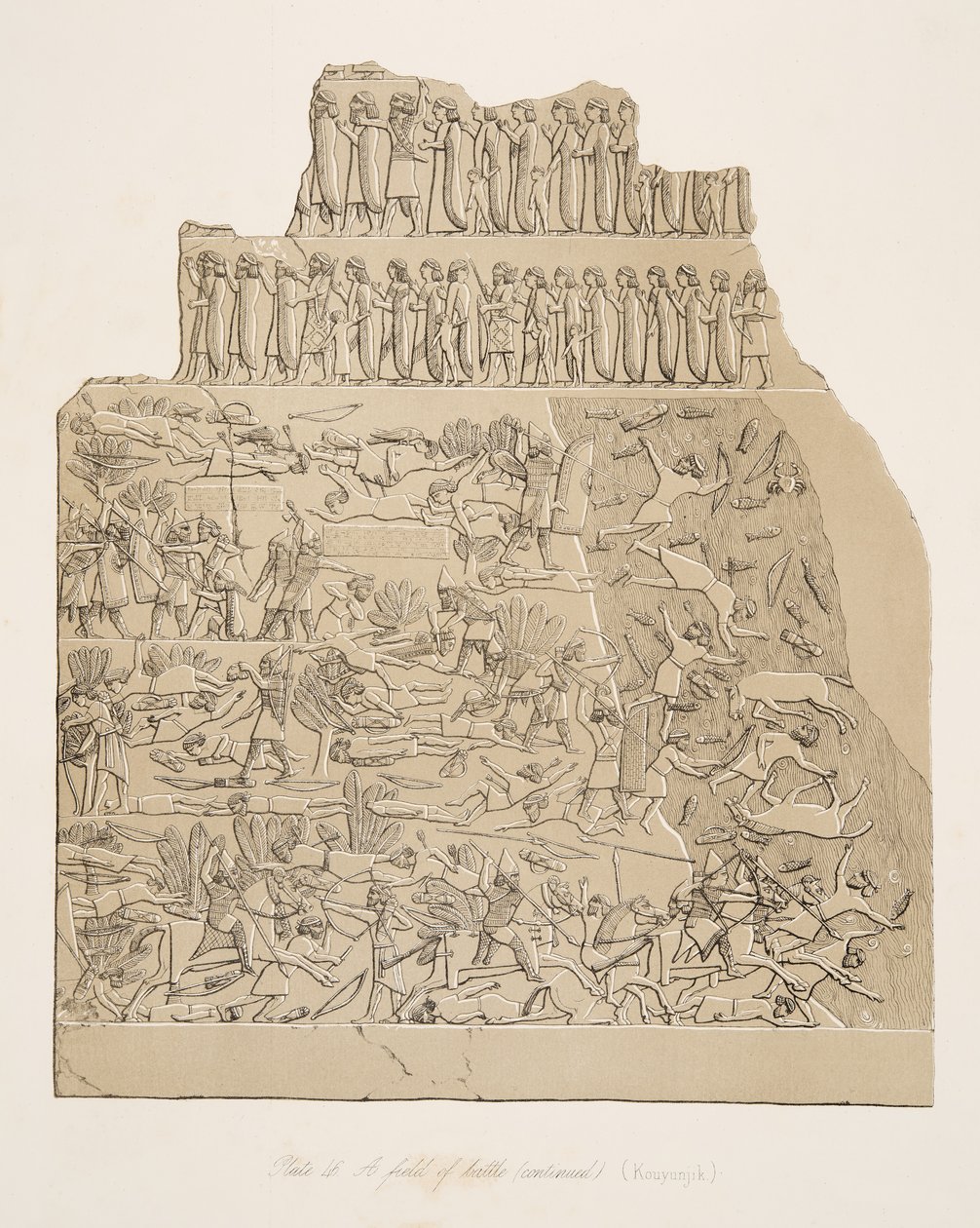 Un campo de batalla (Kouyunjik), de Monumentos de Nínive, pub. 1849 de Austen Henry Layard