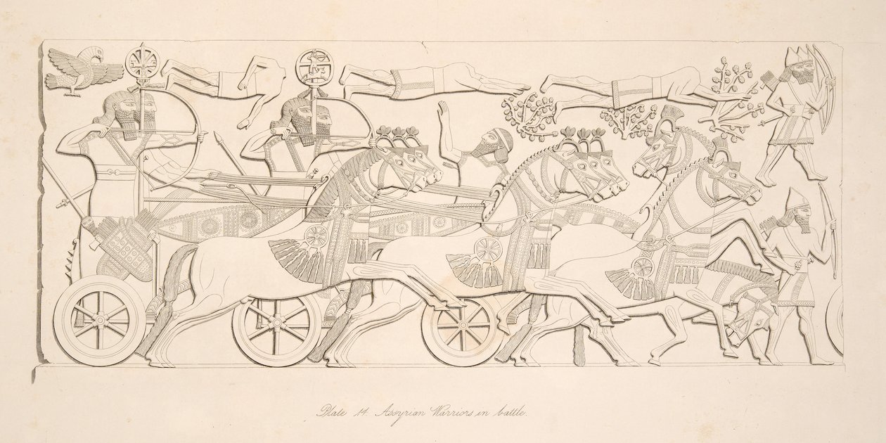 Guerreros asirios en batalla, de Monumentos de Nínive, pub. 1849 de Austen Henry Layard
