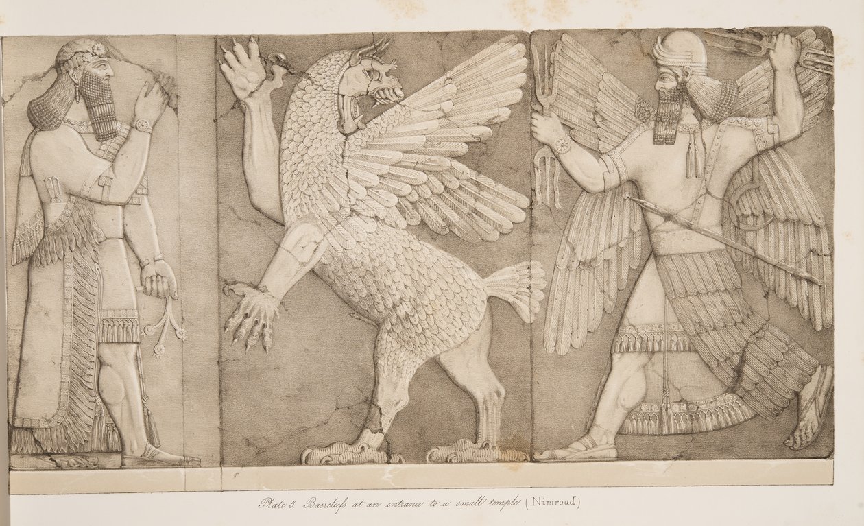 Bajorrelieves en la entrada de un pequeño templo (Nimrud), de Monumentos de Nínive, pub. 1849 de Austen Henry Layard