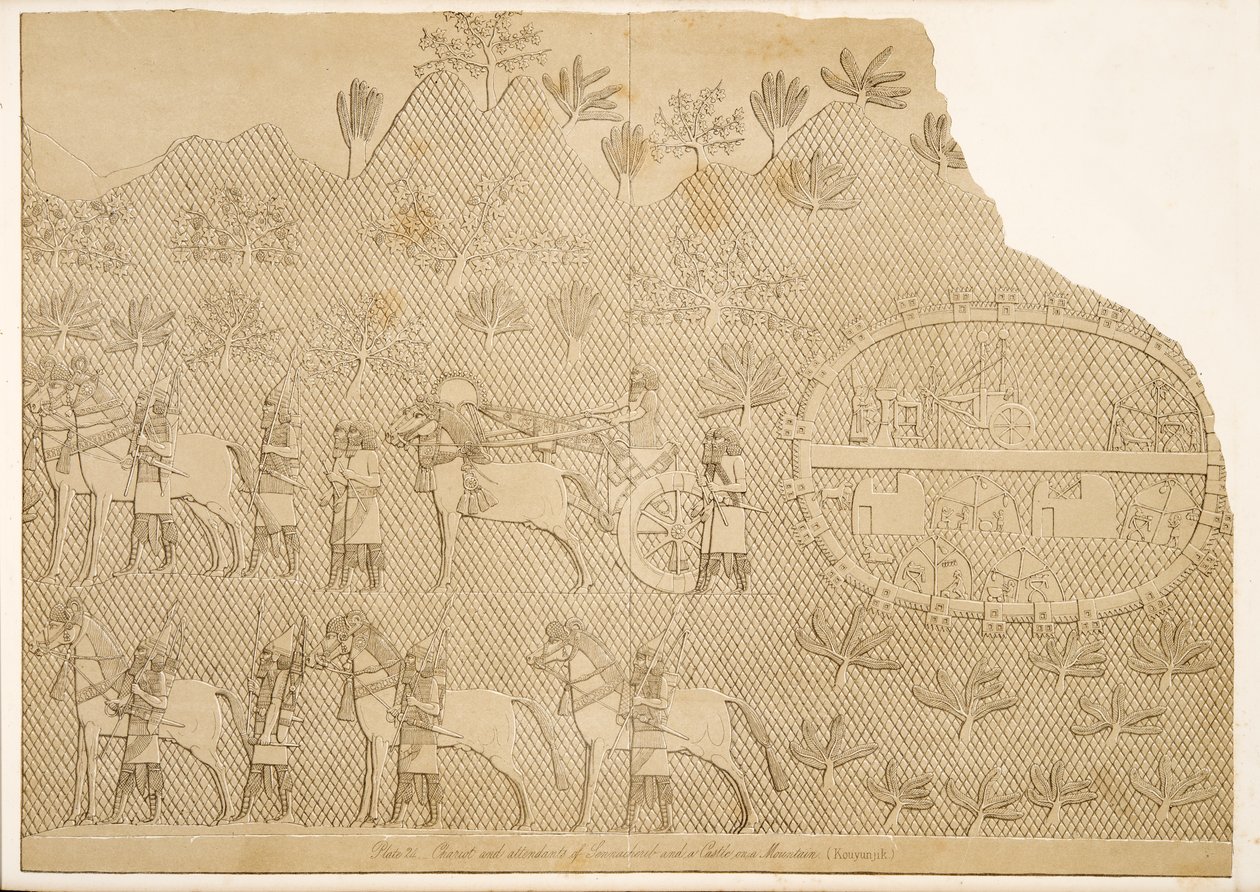 Carro y asistentes de Senaquerib y un castillo en una montaña (Kouyunjik), de Monumentos de Nínive, pub. 1849 de Austen Henry Layard