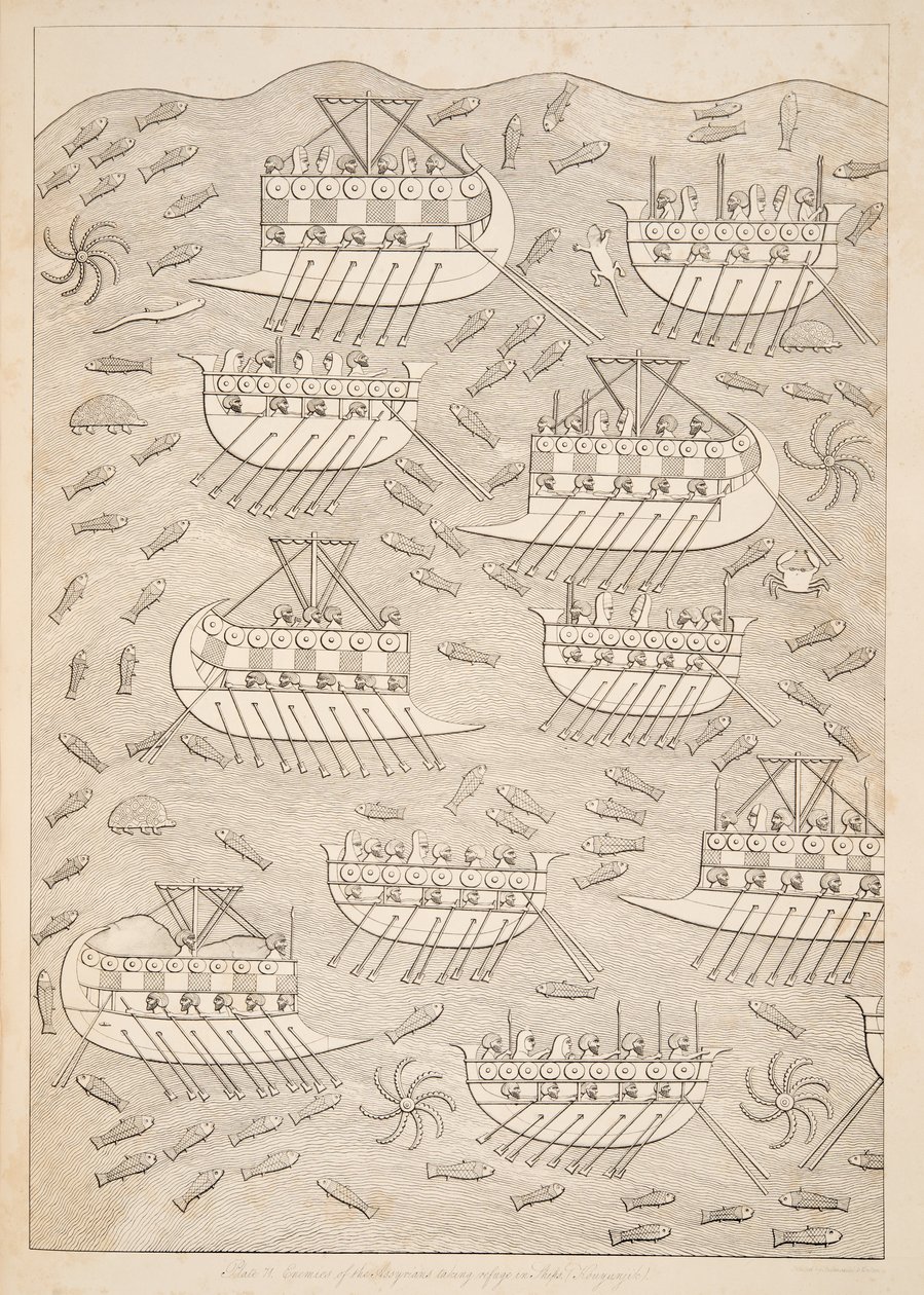 Enemigos de los asirios refugiándose en barcos (Kouyunlik), de Monumentos de Nínive, pub. 1849 de Austen Henry Layard