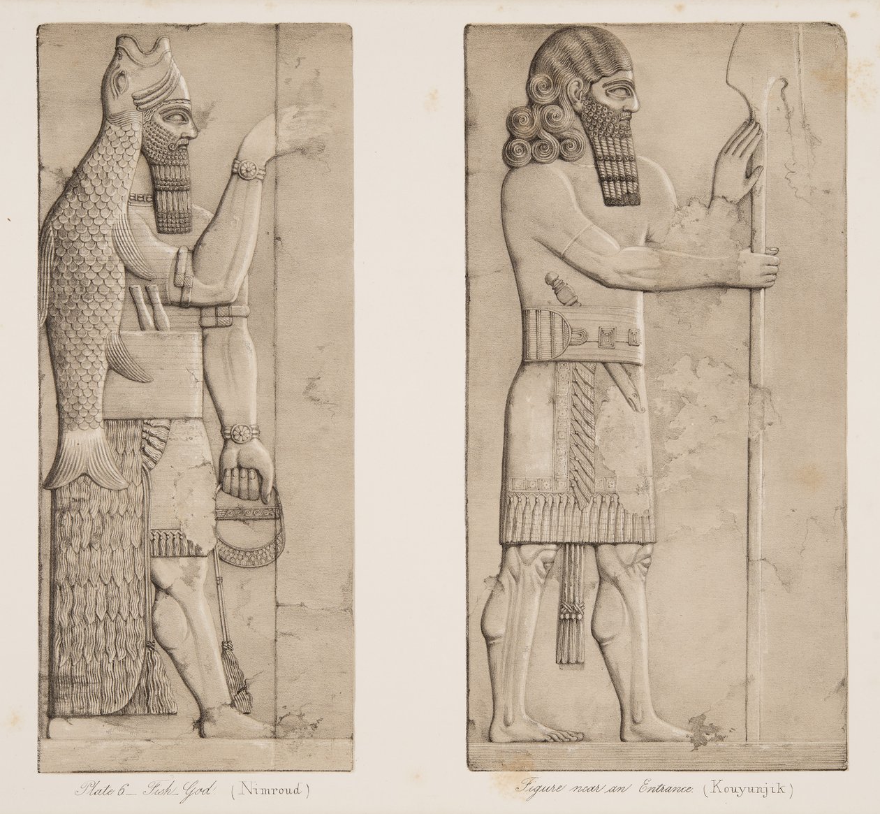 Dios pez (Nimrud) y figura cerca de una entrada (Kouyunjik), de Monumentos de Nínive, pub. 1849 de Austen Henry Layard