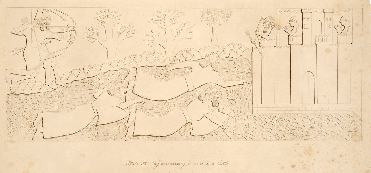 Fugitivos cruzando un río hacia un castillo, de Monumentos de Nínive, pub. 1849 de Austen Henry Layard