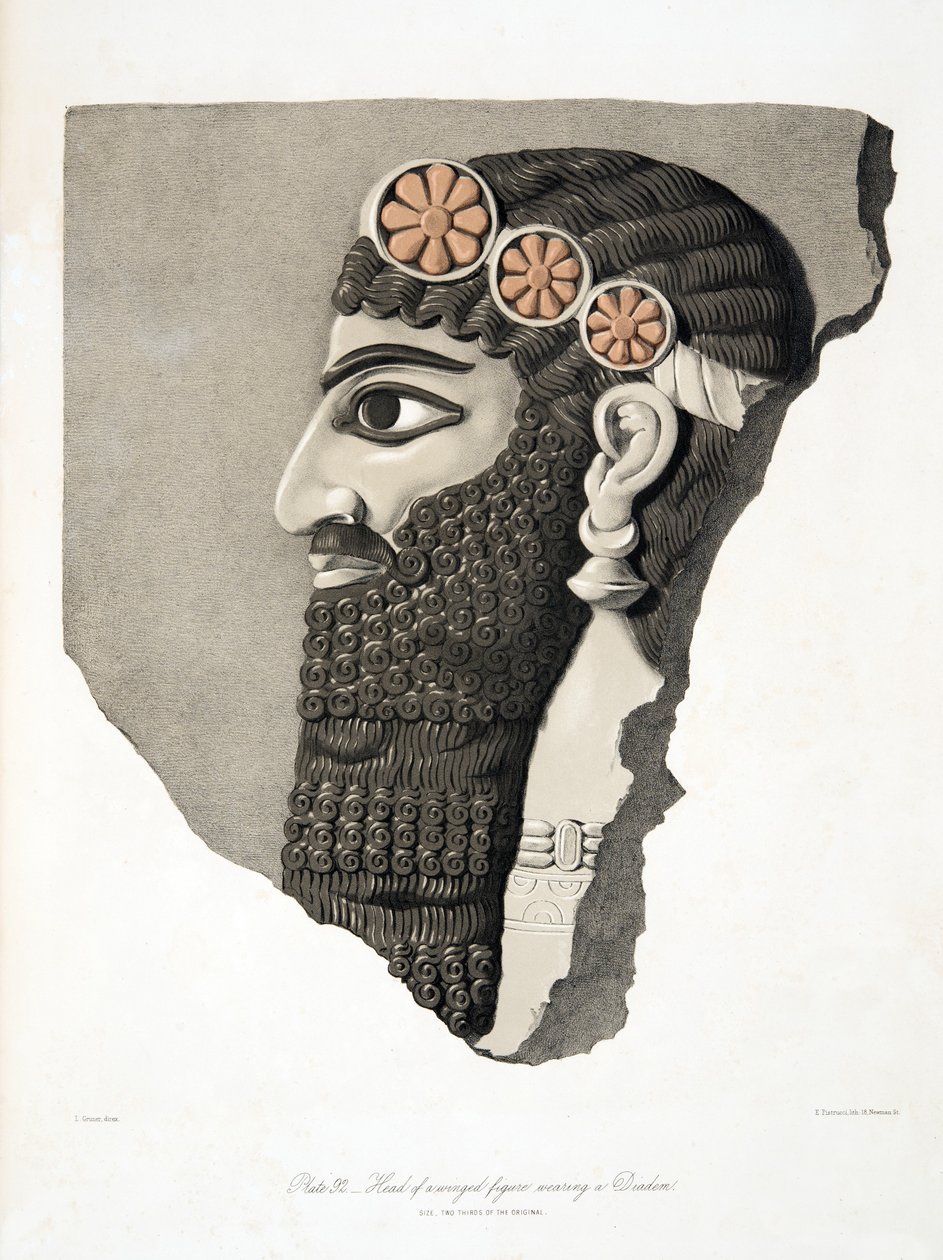 Cabeza de una figura alada con diadema, de Monumentos de Nínive, pub. 1849